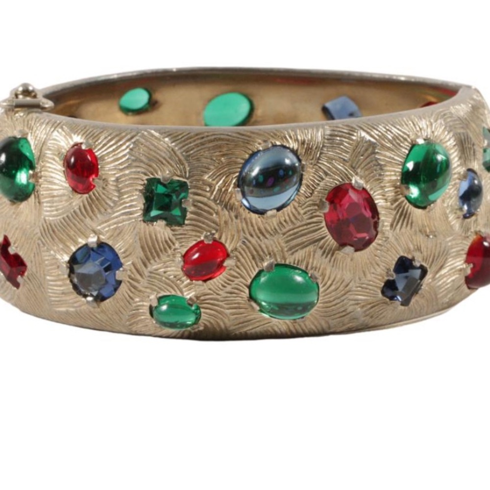 Vtg Castlecliff Cuff Bracelet Gold Tone Wide  Unfoiled Glass Cabochons Crystals